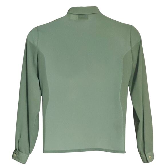 Vintage 70s Business Blouse Sheer Button Up Top Size 12 Retro Sage Green Pockets - Picture 5 of 5